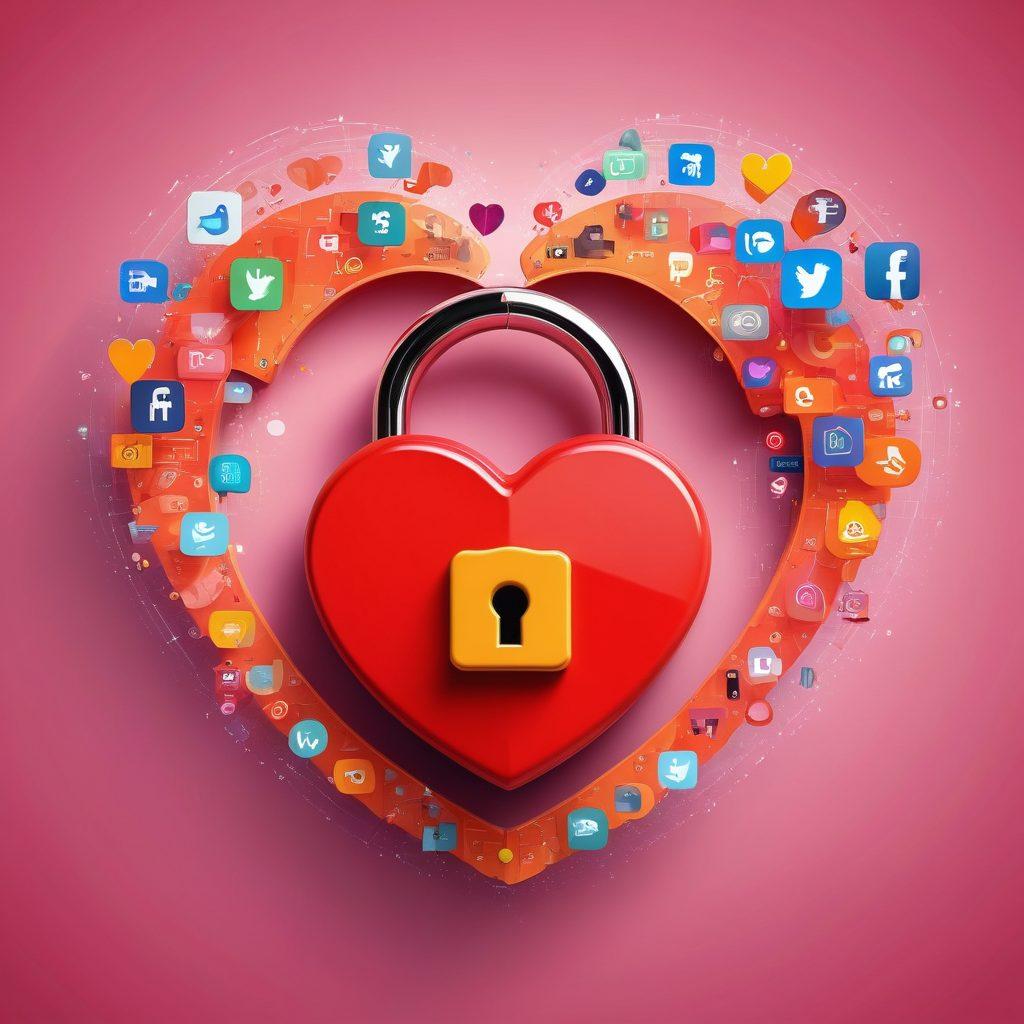 A heart-shaped digital lock symbolizing the connection between love and digital marketing, surrounded by social media icons and engagement metrics, with bright, inviting colors to represent positivity and growth. Include subtle graphs and analytics in the background to signify brand awareness and strategy. The style should be modern and sleek, blending technology with romance. vibrant colors. digital art.