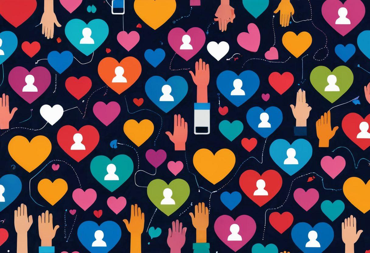 A visually captivating scene depicting diverse individuals engaging with brands on various digital platforms like social media and websites. Include vibrant elements such as hearts and thumbs-up symbols emanating from the screens, illustrating brand loyalty and positive interactions. The background features abstract representations of connections, like lines and nodes, symbolizing networks and community. Emphasize a warm and inviting color palette to evoke feelings of trust and engagement. vector art. vibrant colors. 3D.