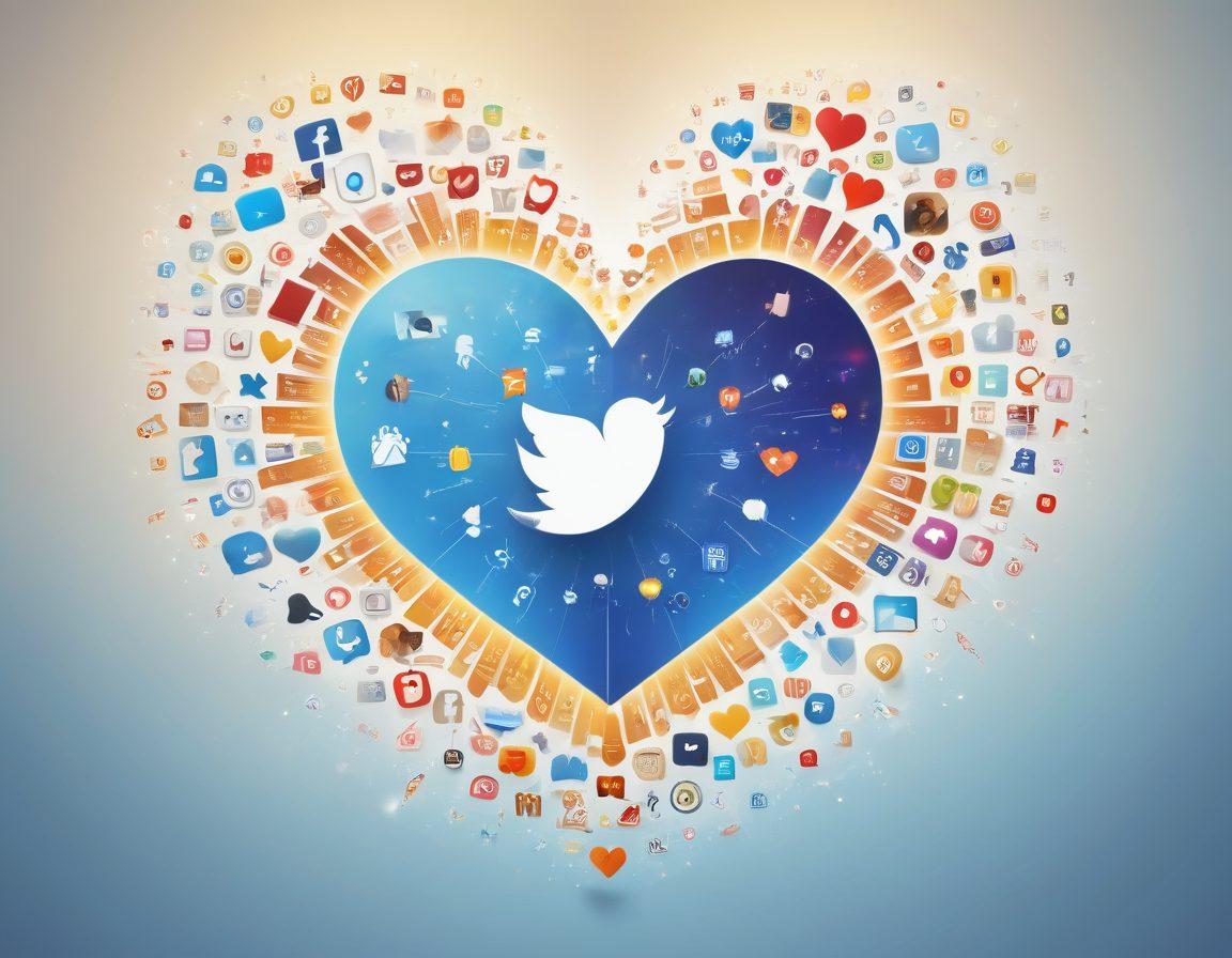 A heart-shaped digital landscape made up of various social media icons and content creation tools, with vibrant colors symbolizing engagement and connection. Include animated arrows representing clicks transforming into hearts, and a warm golden glow radiating from the center to symbolize love and relationships. The background should be a soft blend of blues and whites, adding to the warmth and positivity. super-realistic. vibrant colors. soft background.
